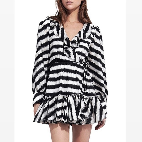 AJE Black & White Striped Tablas Mini Ruffles Wrap Dress Long Sleeve Size 6 NWOT - Picture 6 of 12